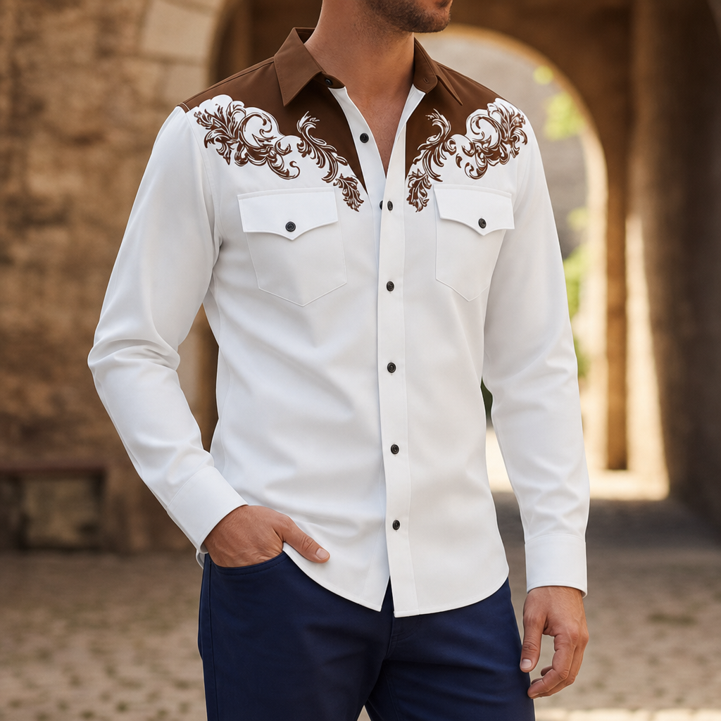 Coimbra Western Embroidered Shirt in Brown