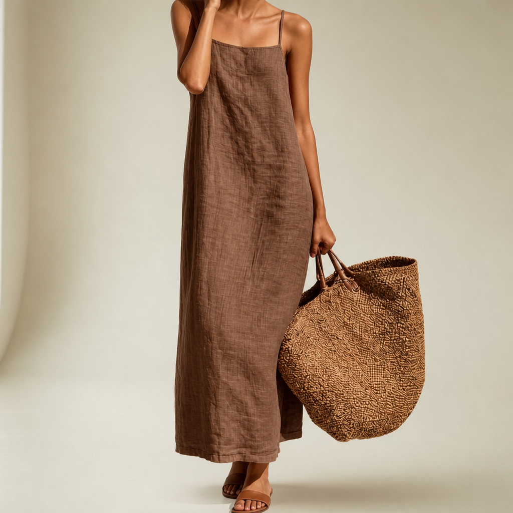 Comillas Linen Cotton Maxi Dress in Brown