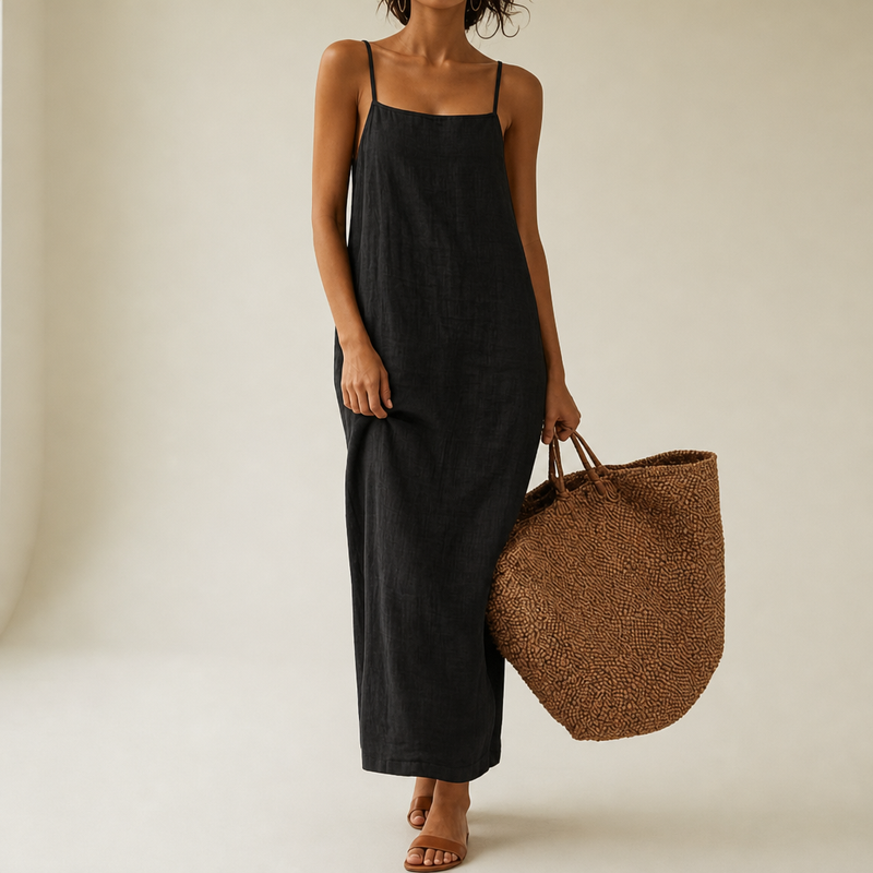 Comillas Linen Cotton Maxi Dress in Black