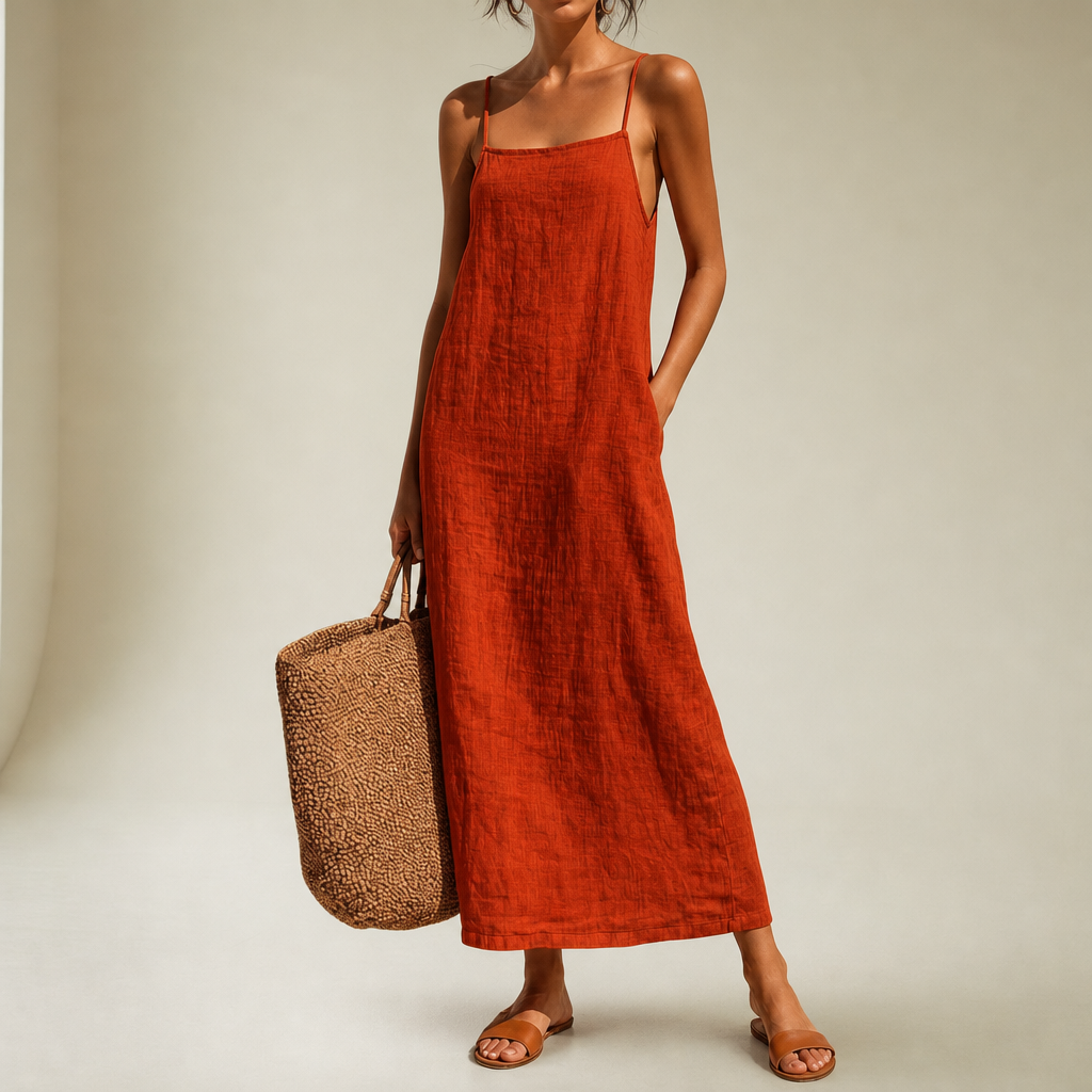 Comillas Linen Cotton Maxi Dress in Red