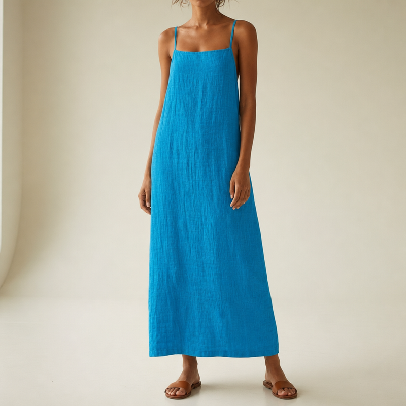 Comillas Linen Cotton Maxi Dress in Blue