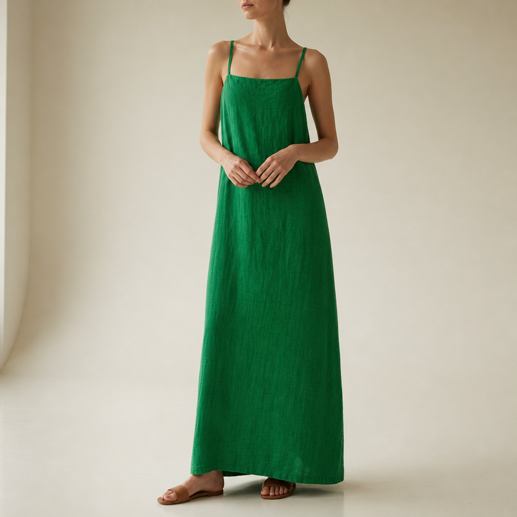 Comillas Linen Cotton Maxi Dress in Green