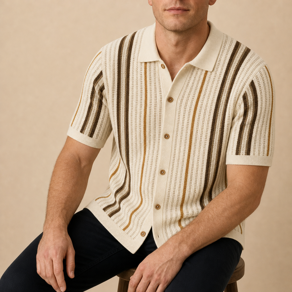 Comino Striped Knit Polo in Cream