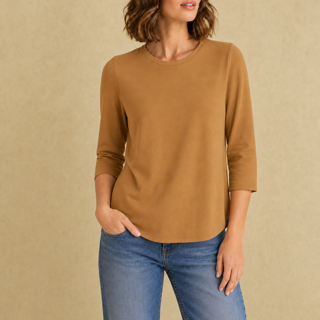 Cordoba Crew Neck 3/4 Sleeve Top in Brown
