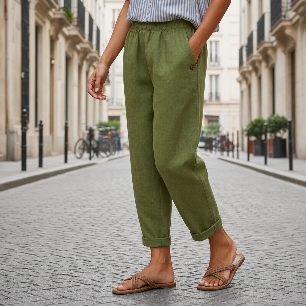 Denia Linen Tapered Trousers in Olive Green