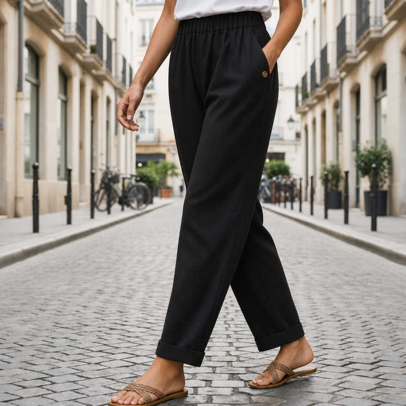 Denia Linen Tapered Trousers in Black