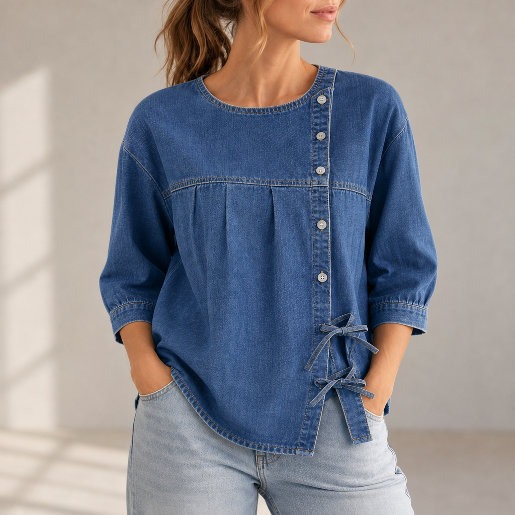 Erice Denim Bow Blouse in Blue