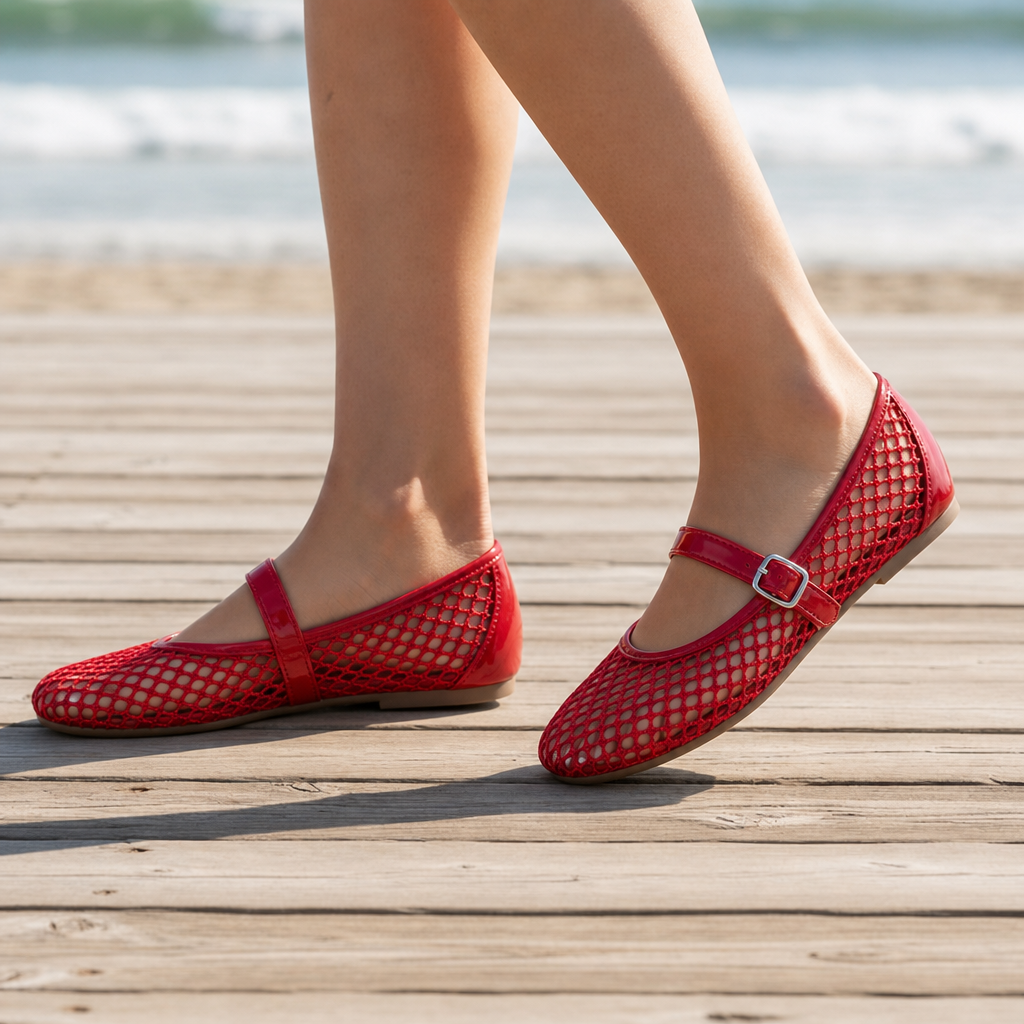Figueres Orthopedic Mesh Mary Jane Flats in Red