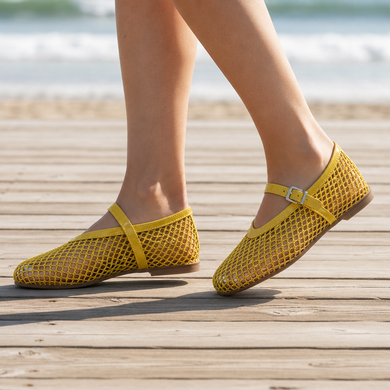 Figueres Orthopedic Mesh Mary Jane Flats in Yellow