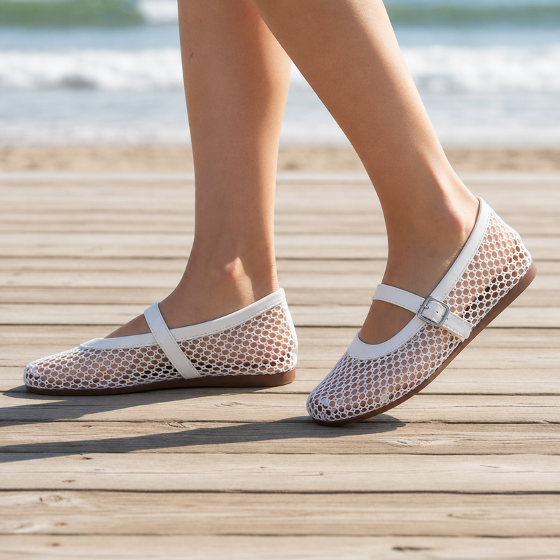 Figueres Orthopedic Mesh Mary Jane Flats in White