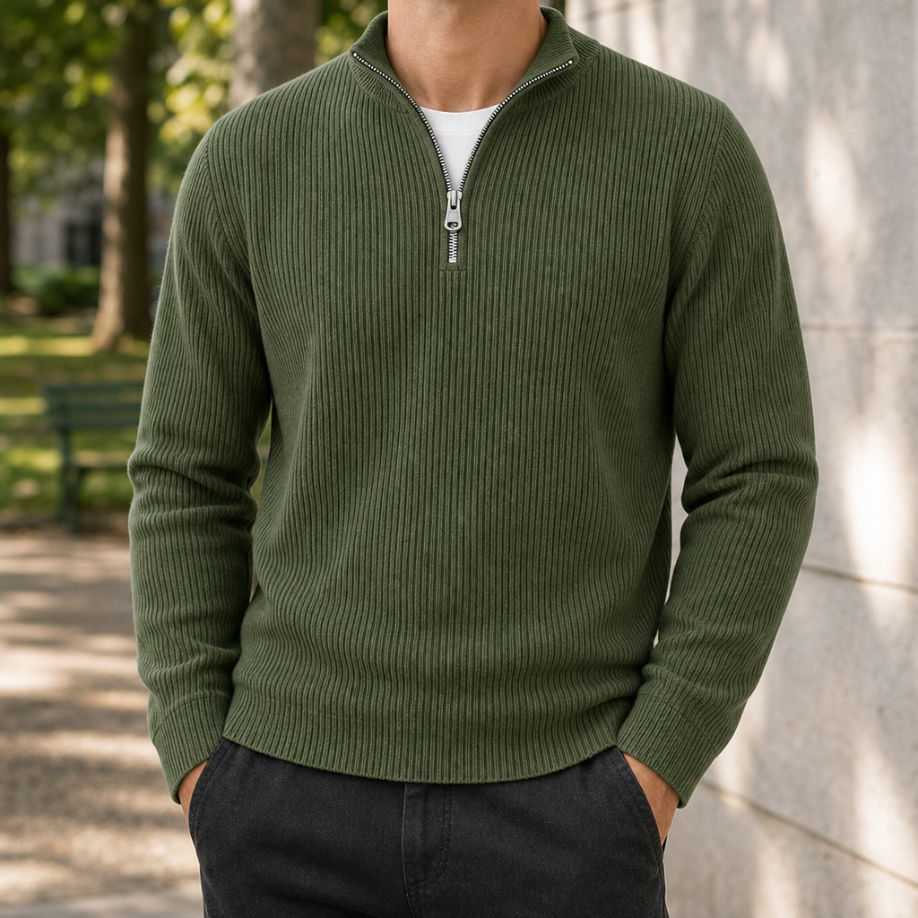 Formentor Ribbed Quarter-Zip Sweater in Olive green