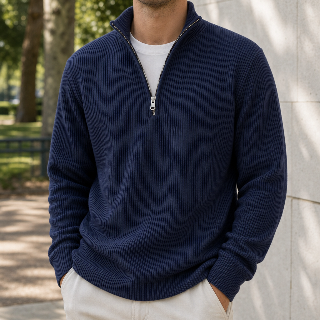 Formentor Ribbed Quarter-Zip Sweater in Navy
