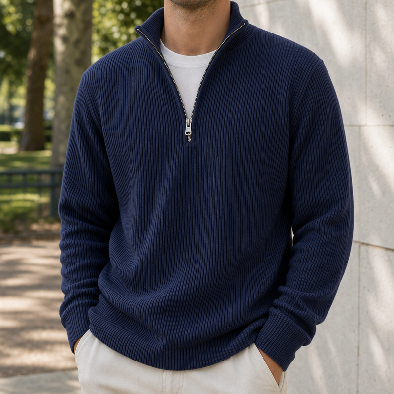 Formentor Ribbed Quarter-Zip Sweater in Navy