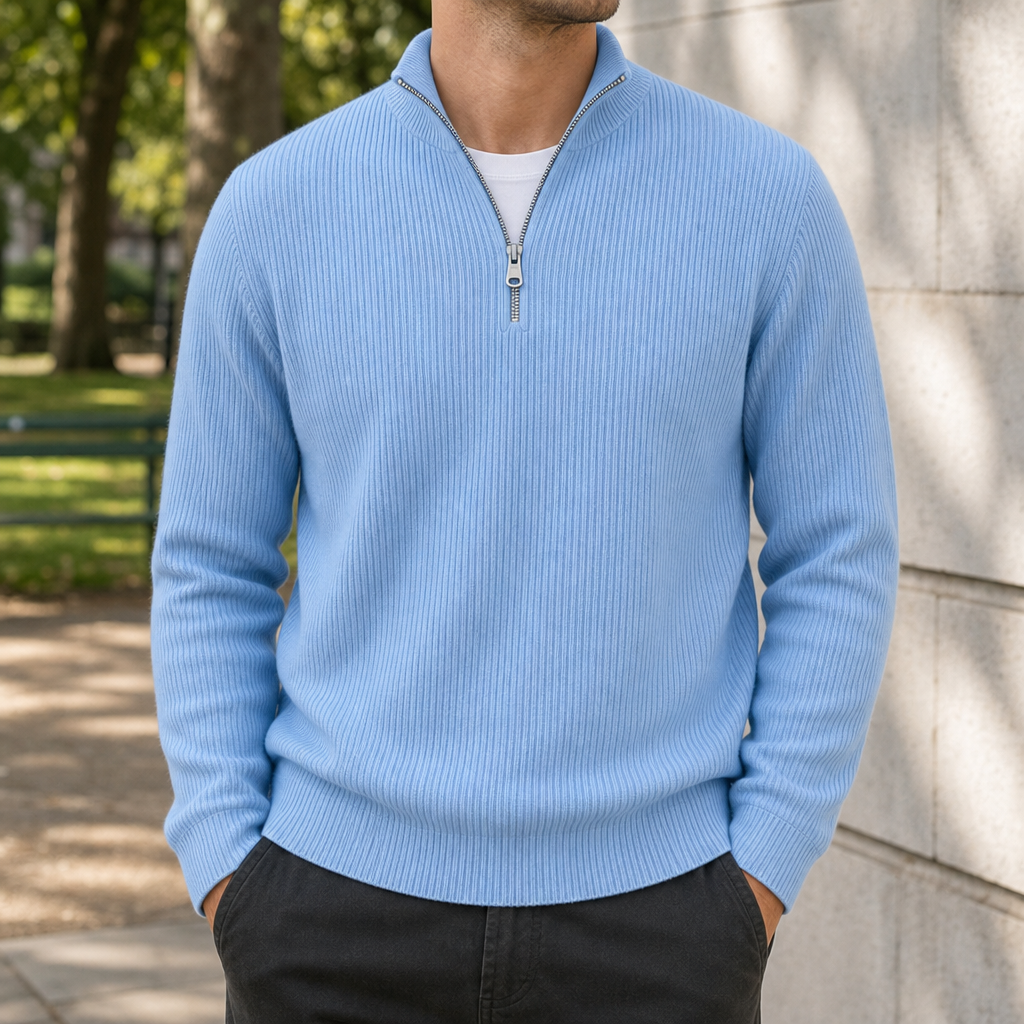 Formentor Ribbed Quarter-Zip Sweater in Baby blue
