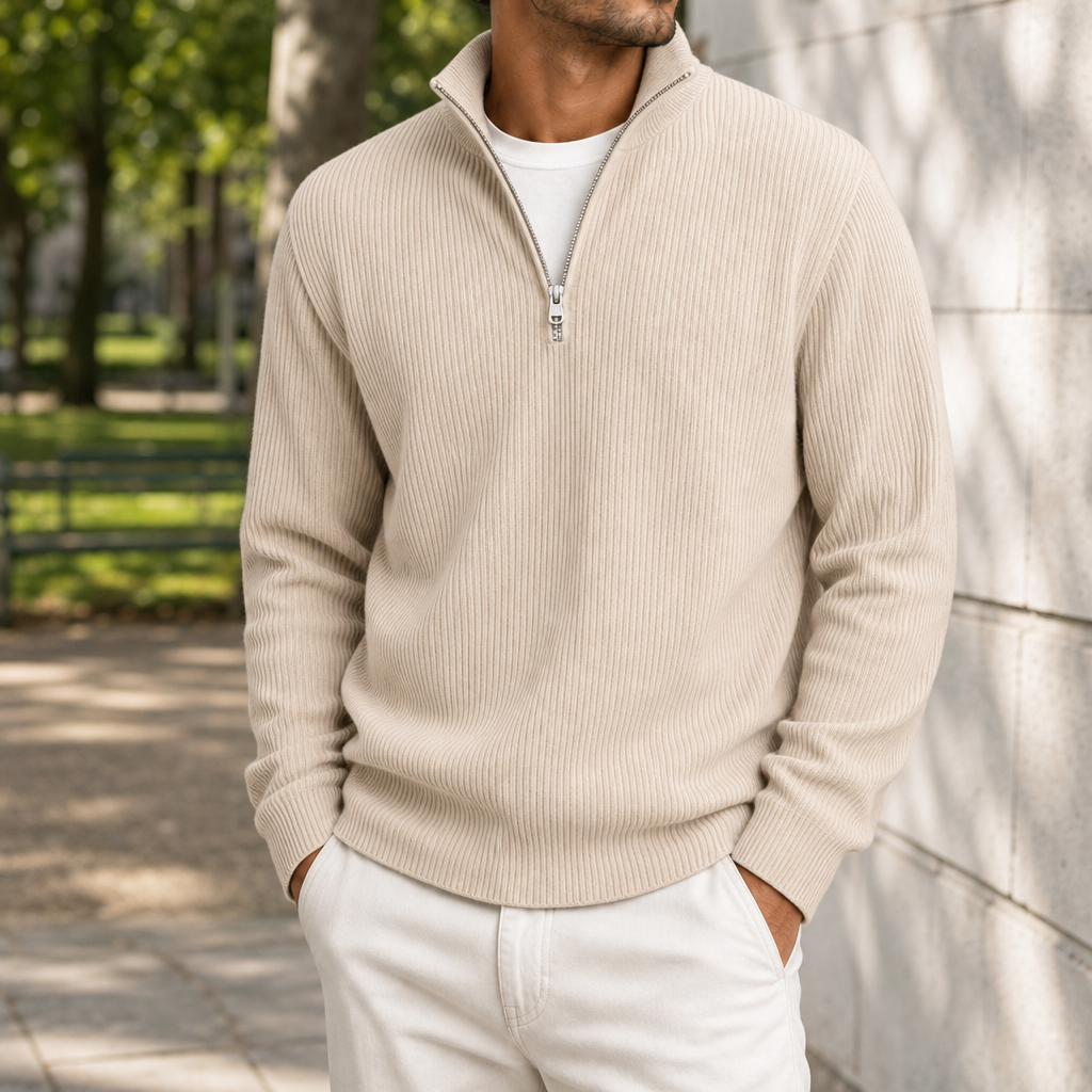 Formentor Ribbed Quarter-Zip Sweater in Cream