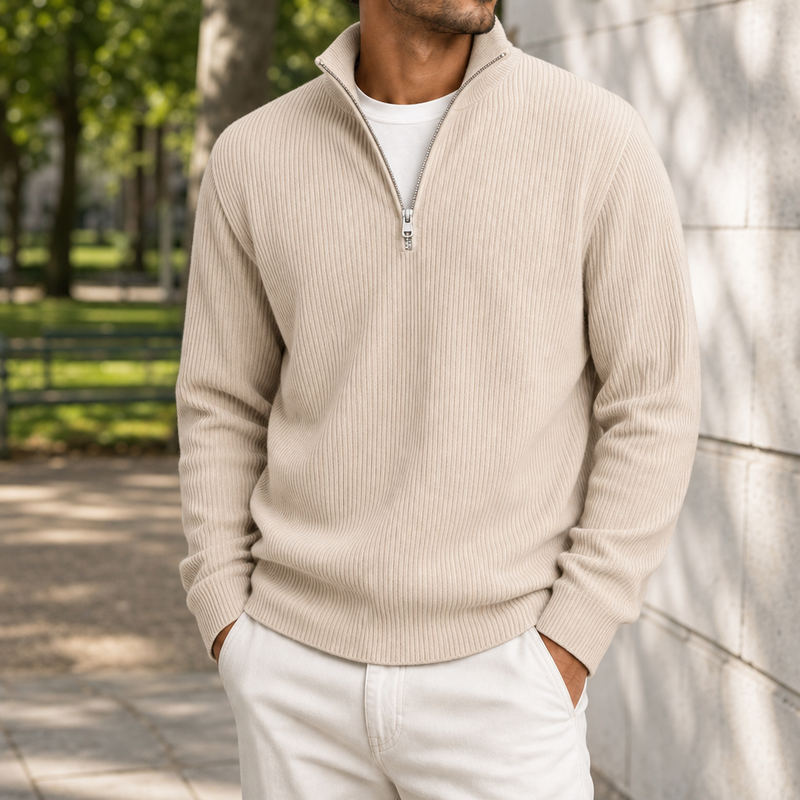 Formentor Ribbed Quarter-Zip Sweater in Cream