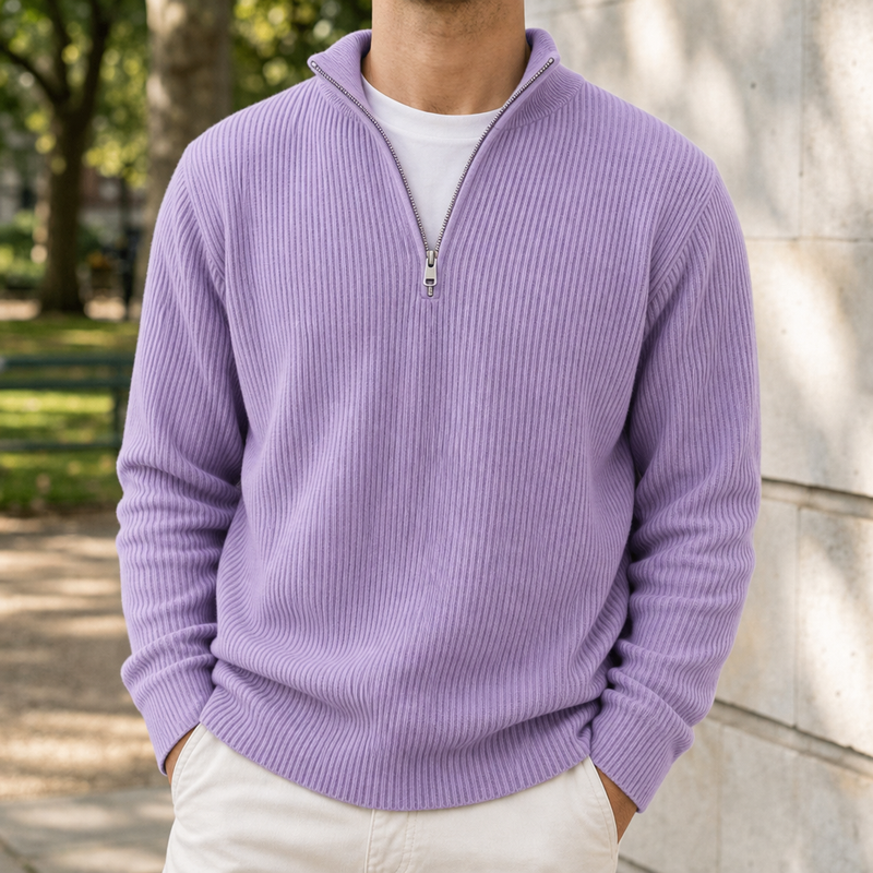 Formentor Ribbed Quarter-Zip Sweater in Purple