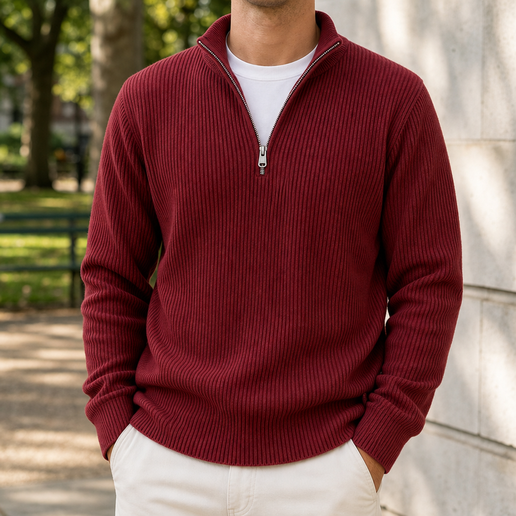 Formentor Ribbed Quarter-Zip Sweater in Red