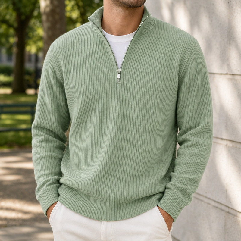 Formentor Ribbed Quarter-Zip Sweater in Mint