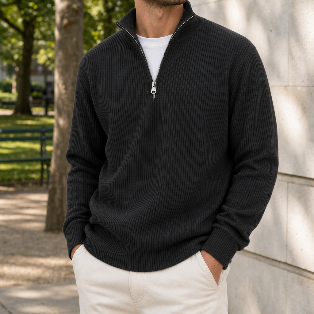 Formentor Ribbed Quarter-Zip Sweater in Black