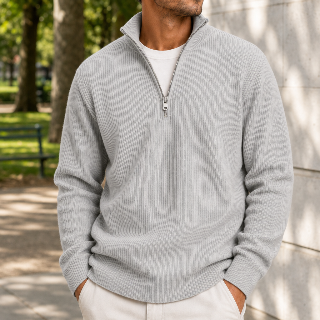 Formentor Ribbed Quarter-Zip Sweater in Grey