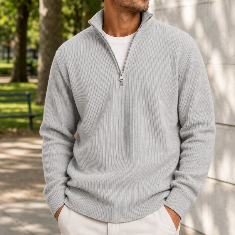 Formentor Ribbed Quarter-Zip Sweater in Grey