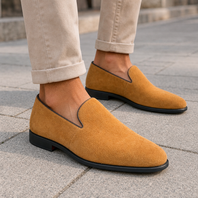 Frigiliana Black Suede Loafers in Tan