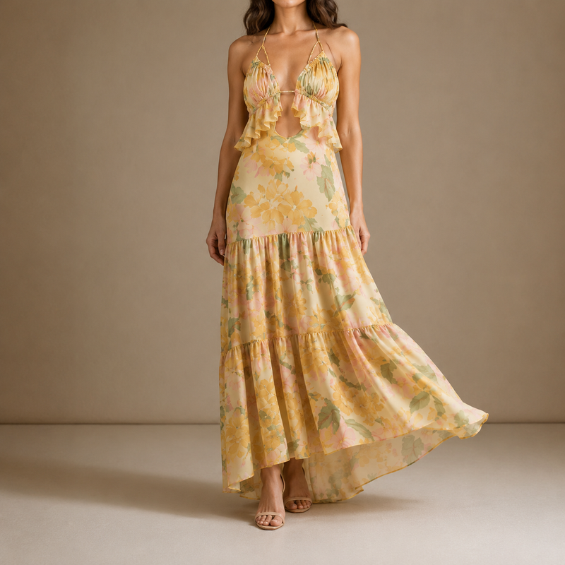 Zadar Floral Cutout Maxi Dress in Yellow