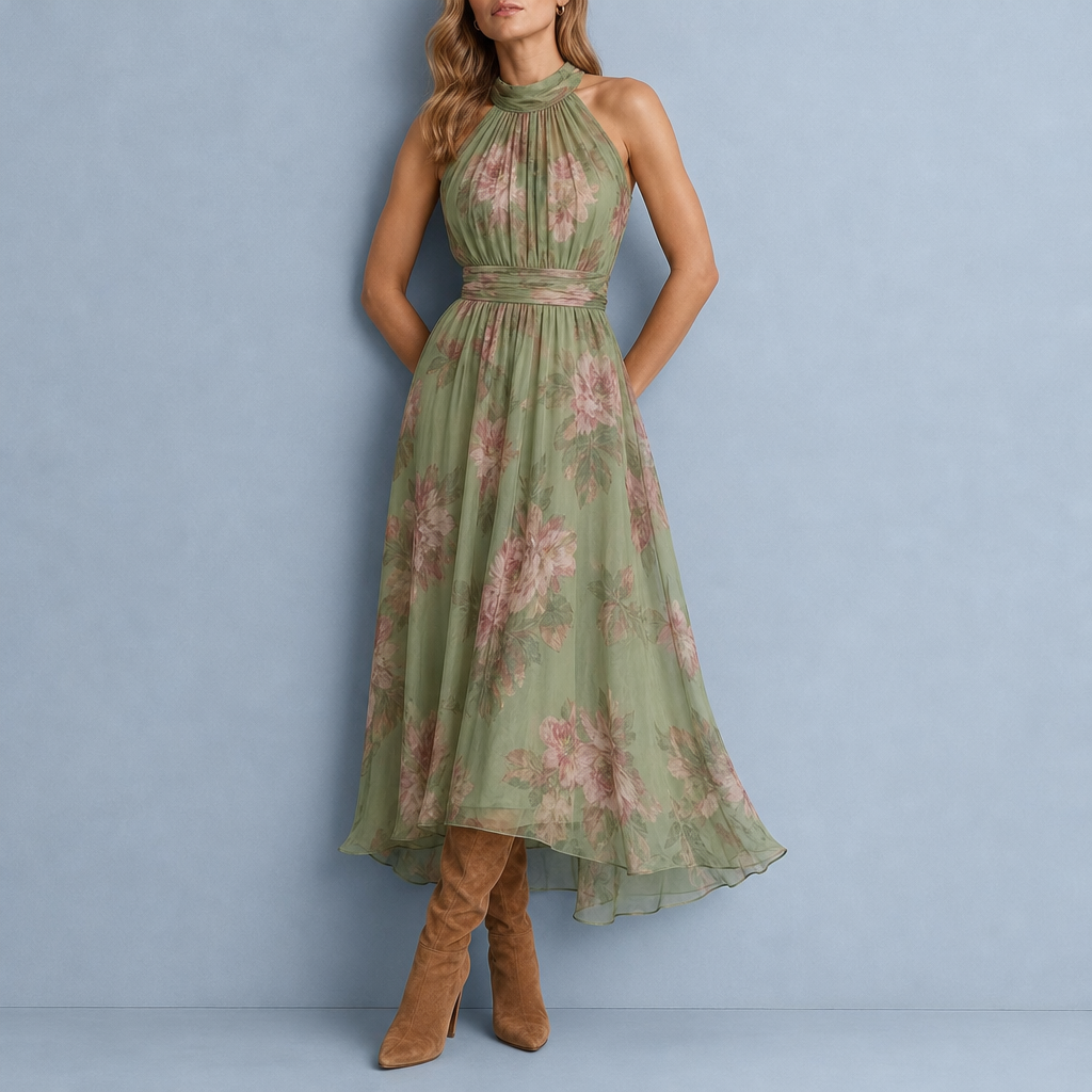 Gijon Floral Halter Maxi Dress in Sage Green
