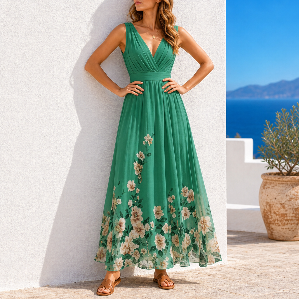 Girona Floral Chiffon Maxi Dress in Green