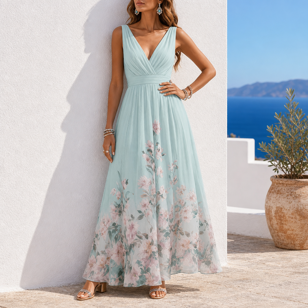 Girona Floral Chiffon Maxi Dress in Light Green