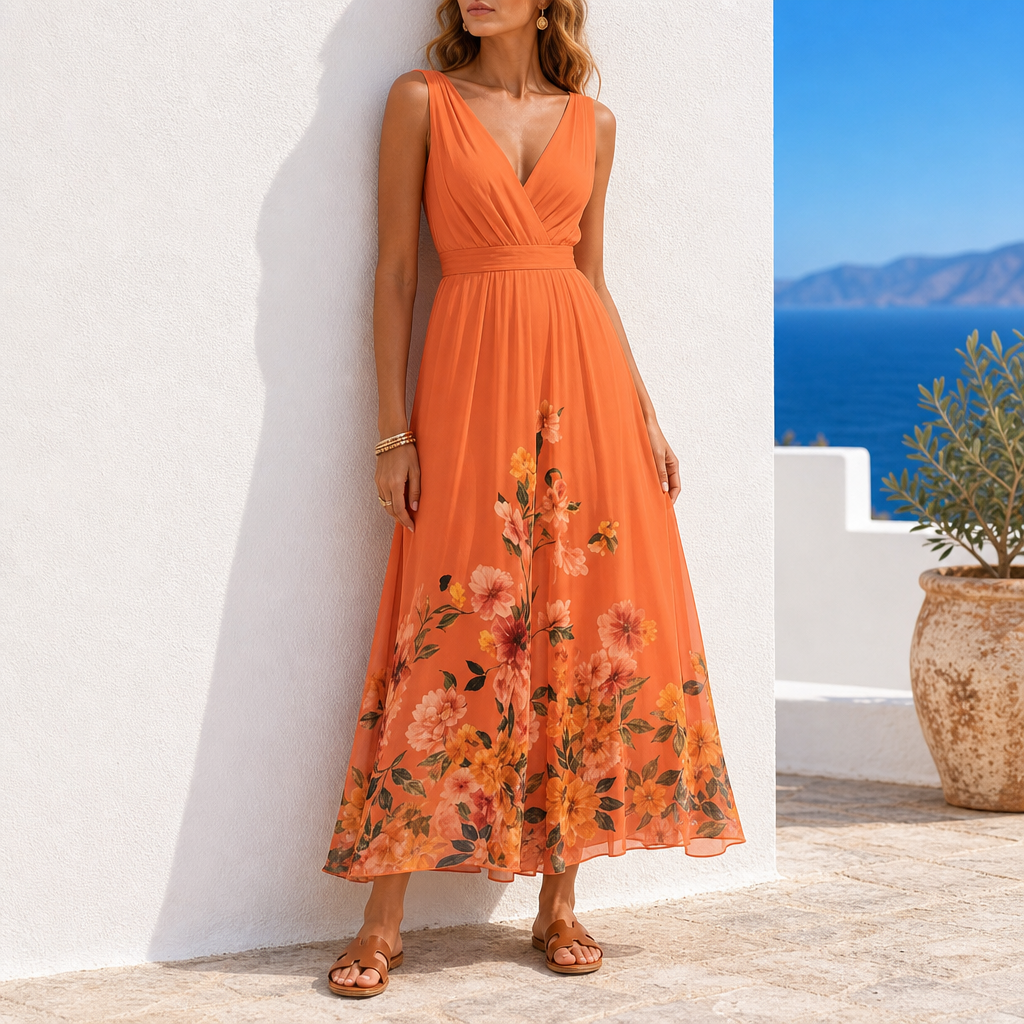 Girona Floral Chiffon Maxi Dress in Orange