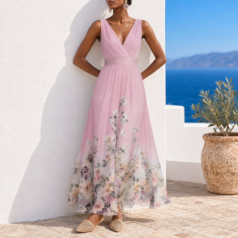 Girona Floral Chiffon Maxi Dress in Pink