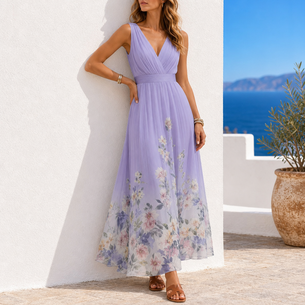 Girona Floral Chiffon Maxi Dress in Purple