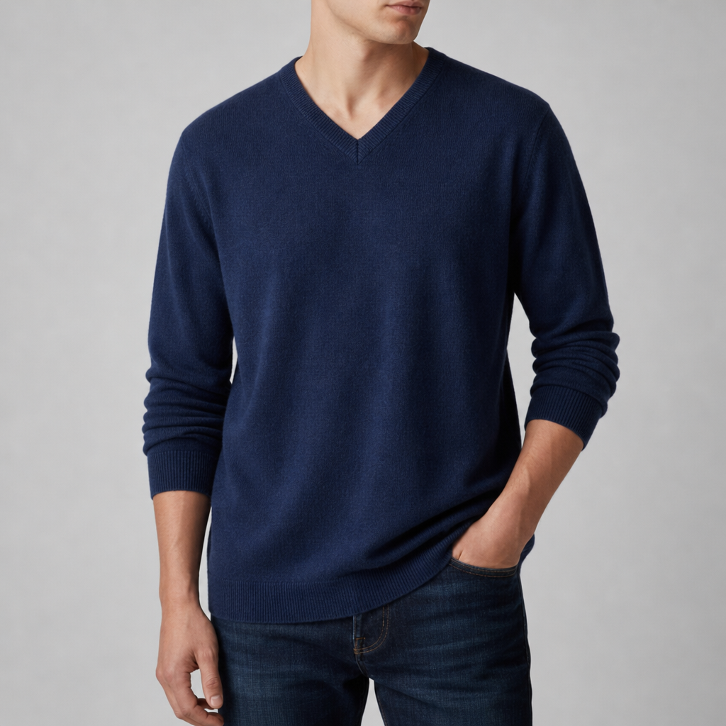 Gythio V-Neck Cashmere Sweater in Navy Blue