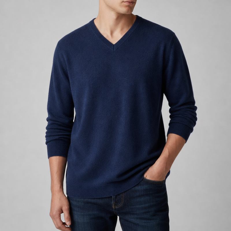 Gythio V-Neck Cashmere Sweater in Navy Blue
