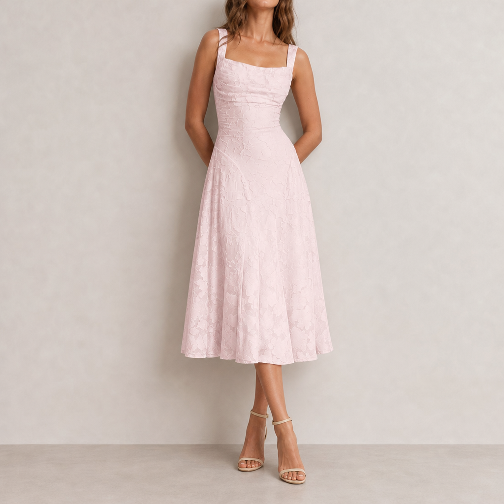 Hondarribia Floral Lace Midi Dress in Pink