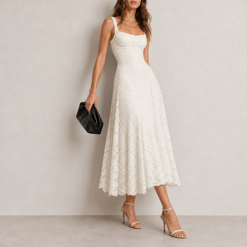 Hondarribia Floral Lace Midi Dress in White