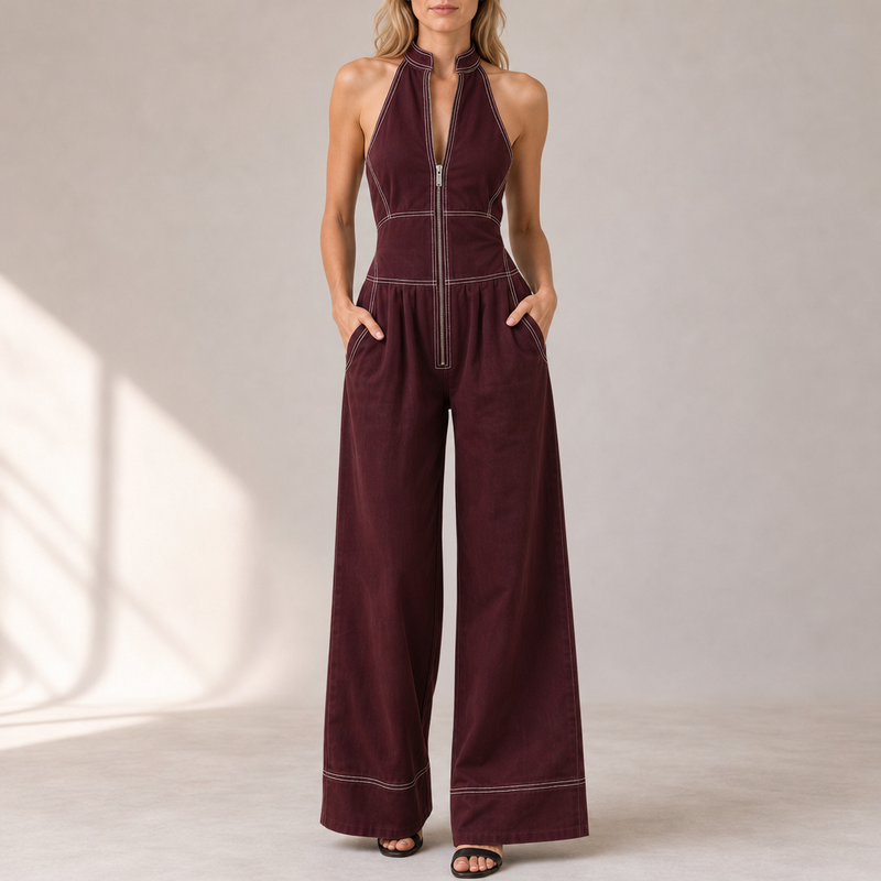 Hydra Halter Wide Leg Jumpsuit in Burgundy