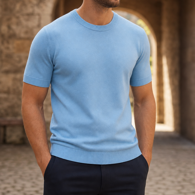 Hyeres Ribbed Knit T-Shirt in Blue