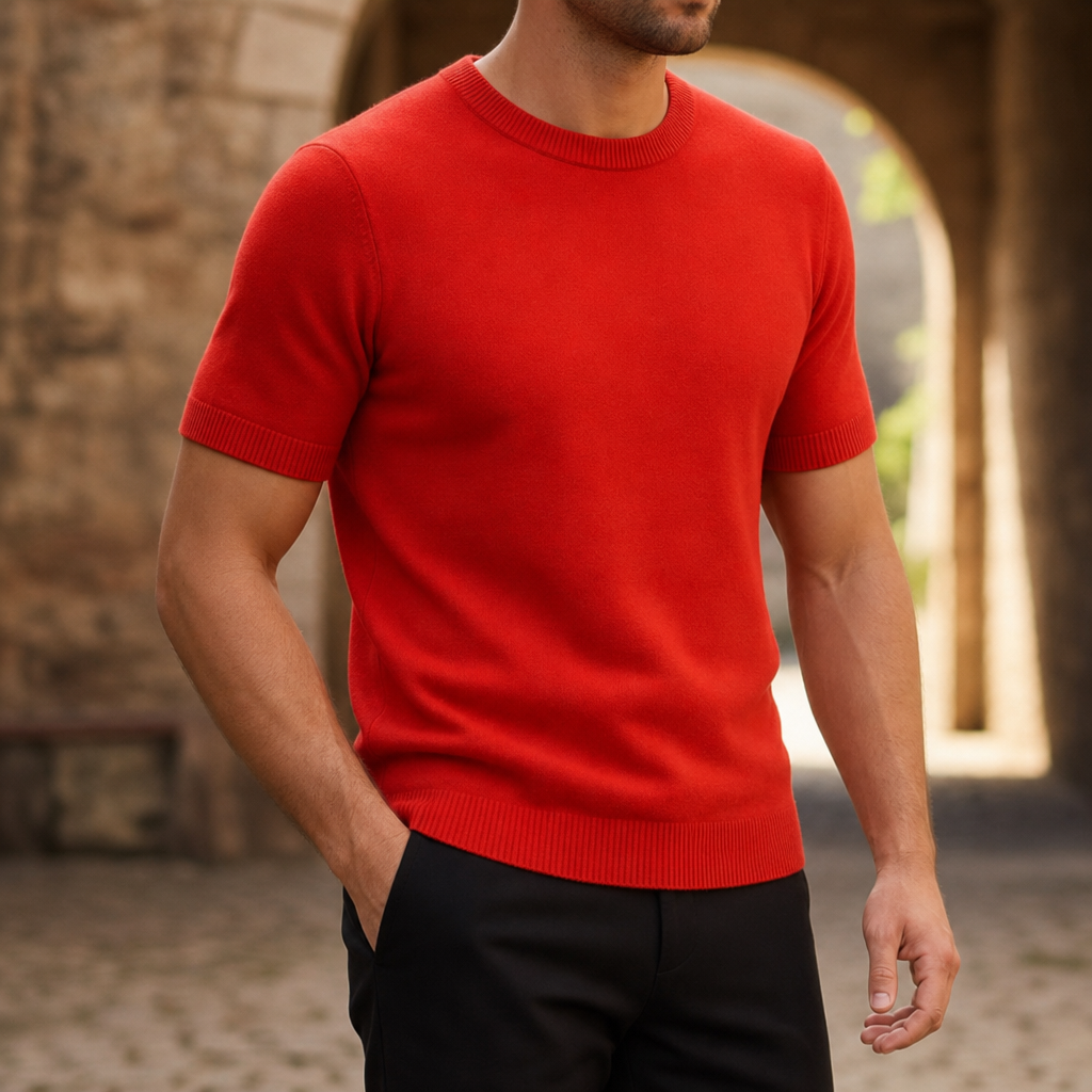 Hyeres Ribbed Knit T-Shirt in Red
