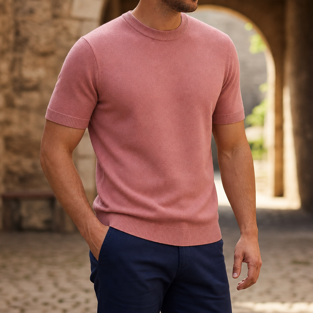 Hyeres Ribbed Knit T-Shirt in Pink