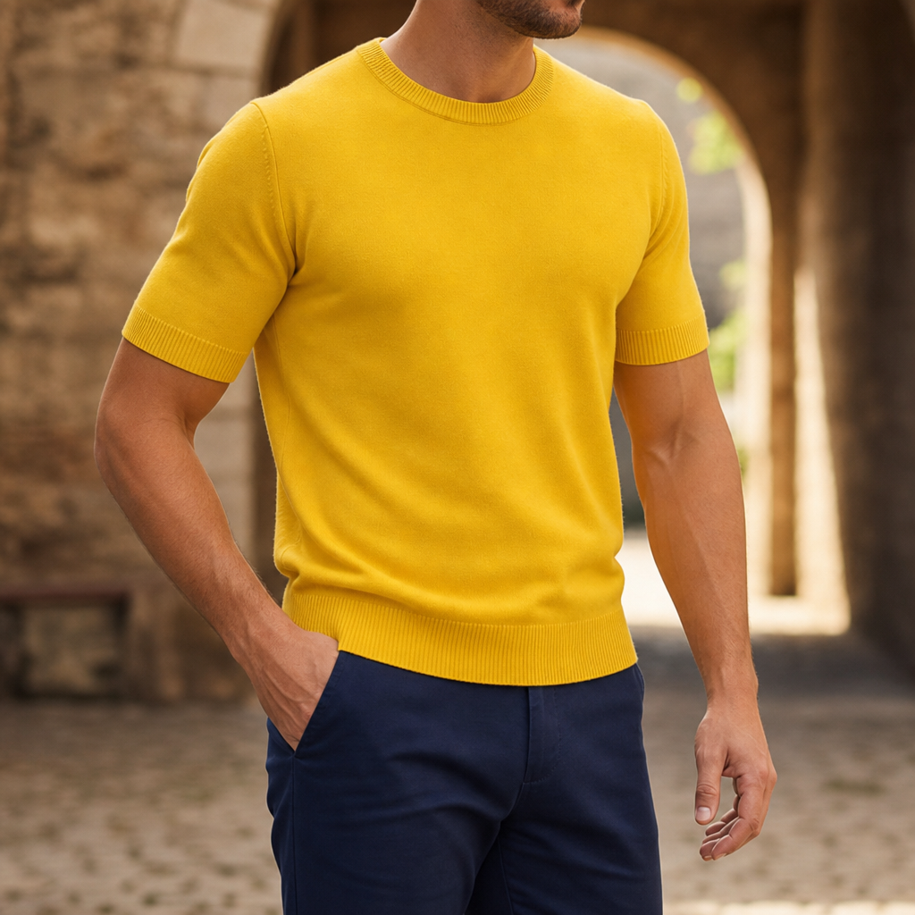 Hyeres Ribbed Knit T-Shirt in Yellow