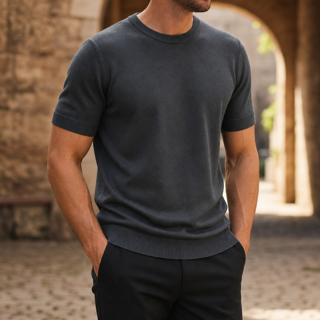 Hyeres Ribbed Knit T-Shirt in Gray