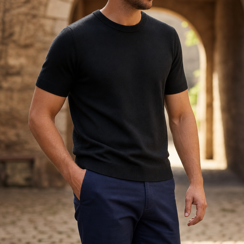 Hyeres Ribbed Knit T-Shirt in Black