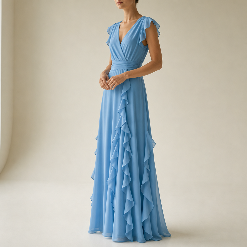 Ierapetra Ruffle Chiffon Maxi Dress in Blue