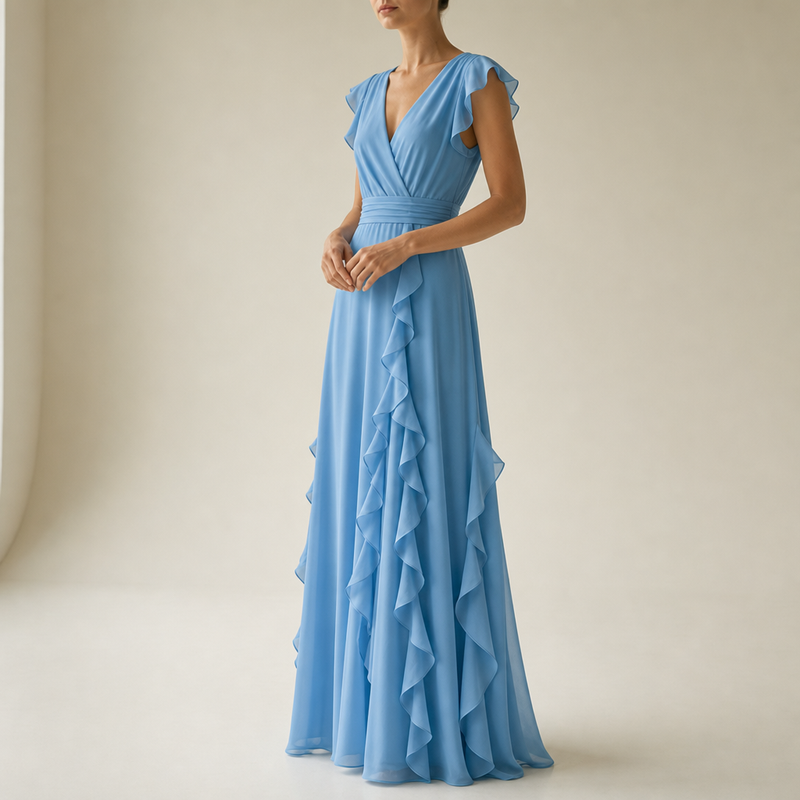 Ierapetra Ruffle Chiffon Maxi Dress in Blue
