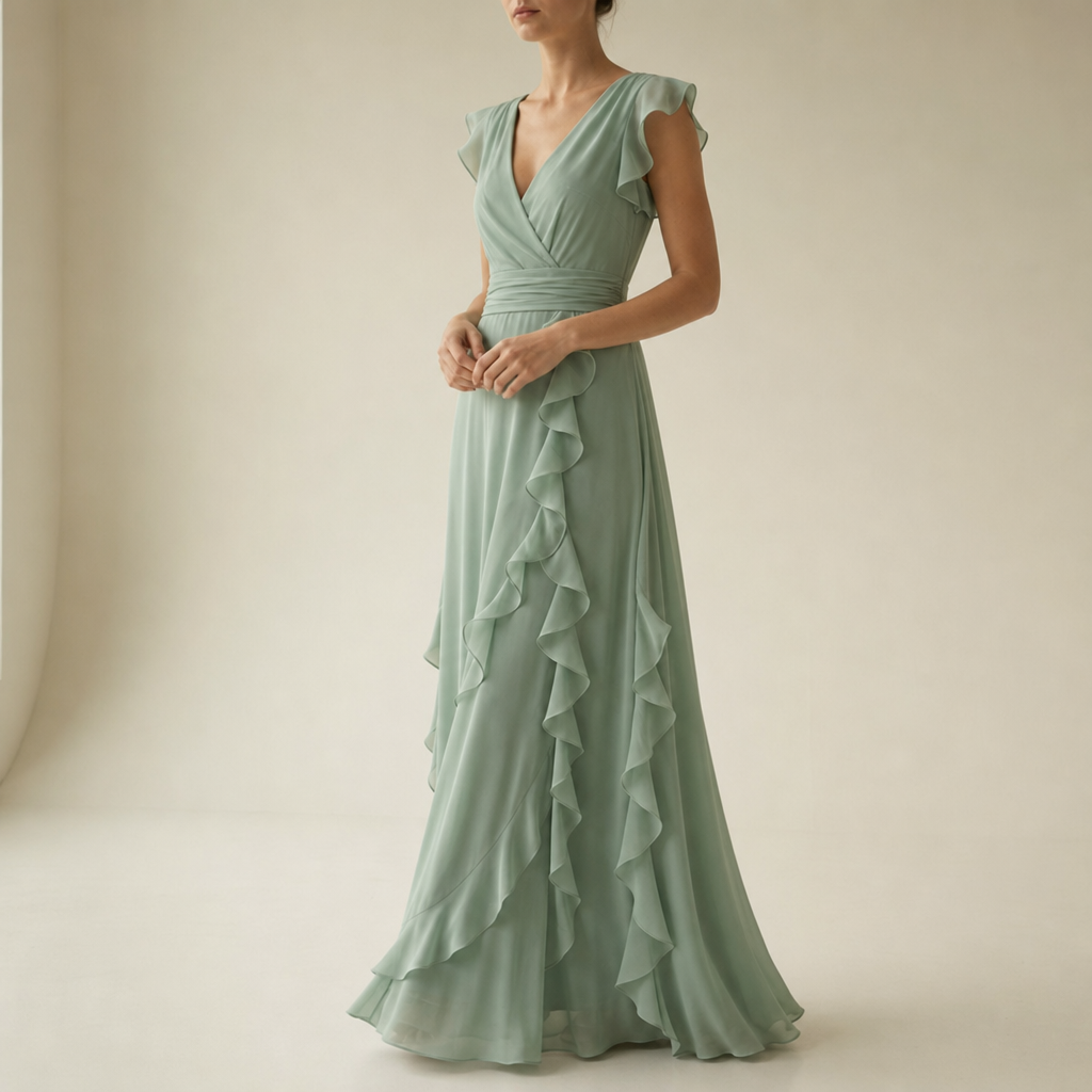 Ierapetra Ruffle Chiffon Maxi Dress in Sage