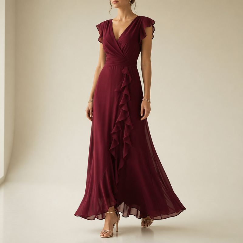 Ierapetra Ruffle Chiffon Maxi Dress in Wine