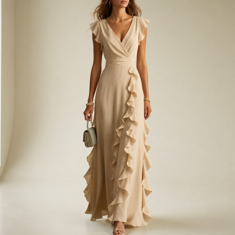 Ierapetra Ruffle Chiffon Maxi Dress in Khaki